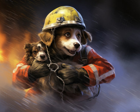 Dog Firefighter rescuing a frightened animalの素材