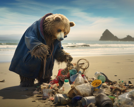 Bear Environmental activist cleaning up a beachの素材