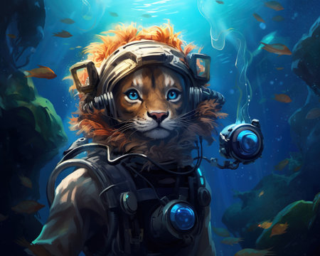 Lion Marine biologist studying deep-sea creaturesの素材