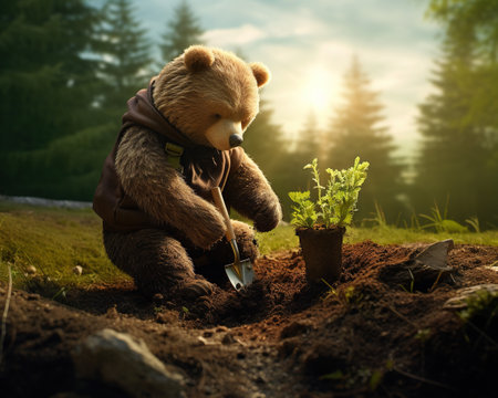 Bear Environmentalist planting a forestの素材
