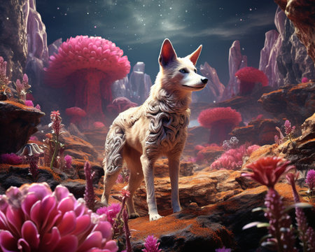 Dog Exobotanist exploring alien floraの素材