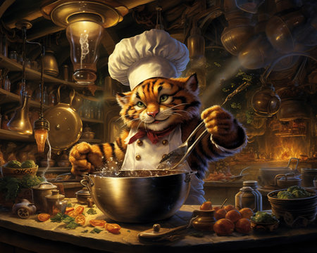Tiger Chef preparing a gourmet five-course mealの素材