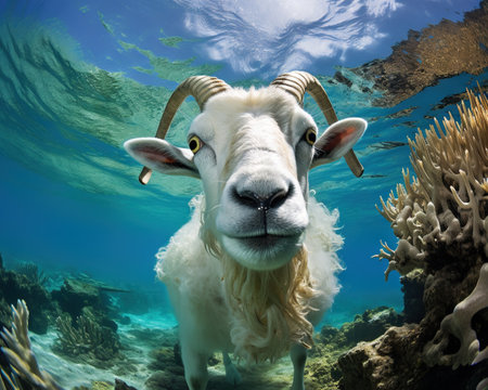 Goat Marine biologist exploring coral reefsの素材