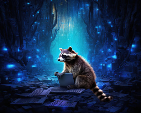 raccoon Cyberspace detective tracking digital anomaliesの素材