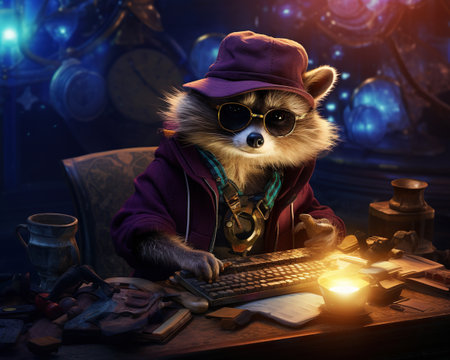 raccoon Cyberspace detective tracking digital anomaliesの素材
