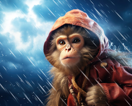 Monkey Meteorologist predicting severe weatherの素材