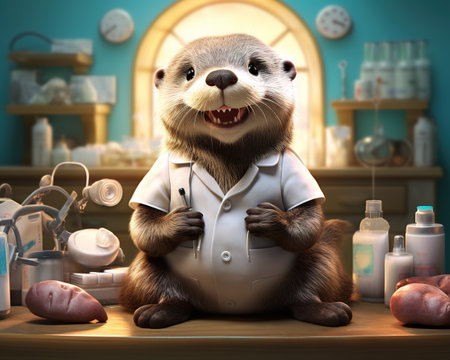 Otter Veterinarian caring for adorable animalsの素材