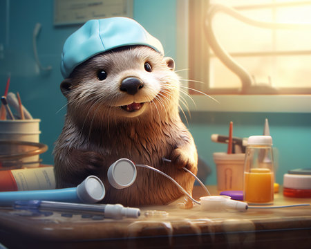 Otter Veterinarian caring for adorable animalsの素材