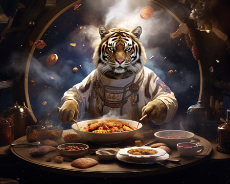 Tiger Celestial chef creating cosmic culinary experiencesの素材