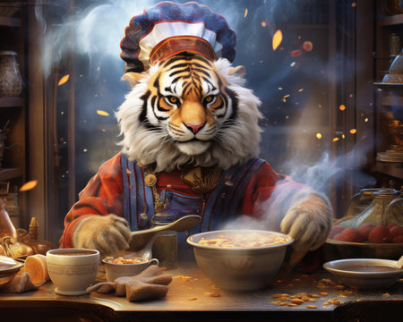 Tiger Celestial chef creating cosmic culinary experiencesの素材