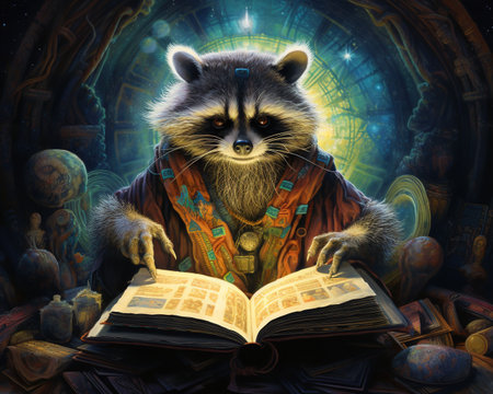 raccoon Quantum poet weaving verses from subatomic threadsの素材