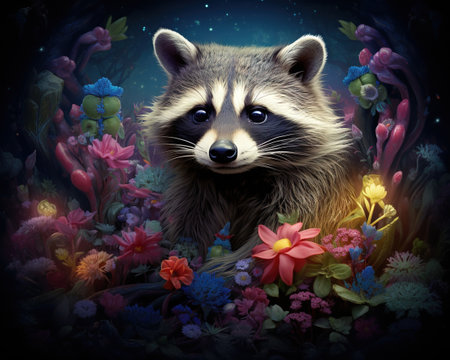 raccoon Quantum gardener nurturing fractal plant lifeの素材
