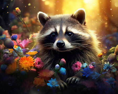 raccoon Quantum gardener nurturing fractal plant lifeの素材