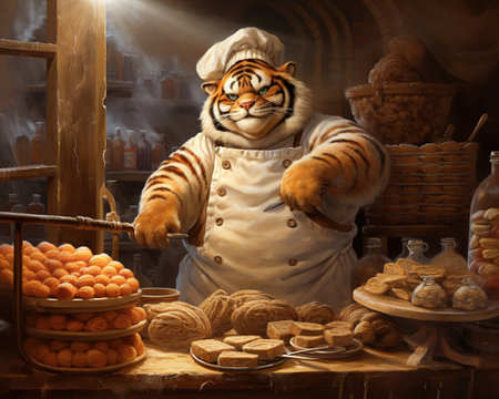 Tiger Baker creating delicious bread and pastriesの素材