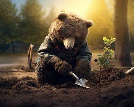 Bear Environmental activist planting treesの素材