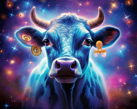 Cow Cosmic illusionist conjuring celestial spectaclesの素材