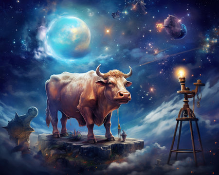 Cow Astronomer discovering a new celestial bodyの素材