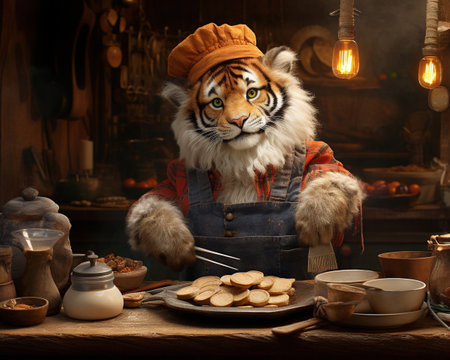 Chef,farm,table,feast,rustic,kitchen,fresh,ingredients,local,farms,countertops,celebration,seasonal,flavors,commitment,sustainable,cuisine,animal,pet,occupation,Tiger,dream,animal,background,imagine,ai,generative,beautiful,funny,majestic,fantasyの素材