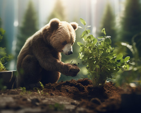 Bear Environmental activist planting treesの素材