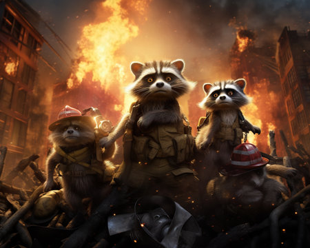 raccoon Firefighter rescuing a trapped familyの素材