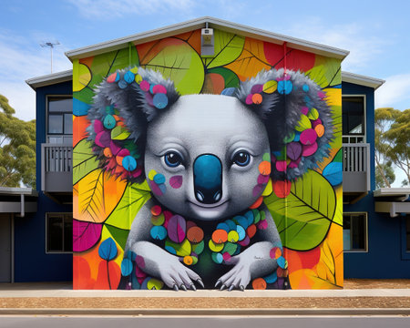 Koala Artist creating a vibrant mural on a schoolの素材