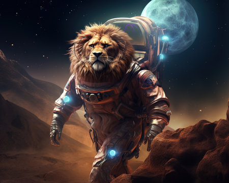 Lion Microbial astronaut exploring alien microbesの素材