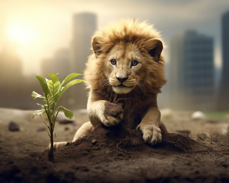 Lion Environmental activist planting treesの素材