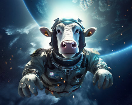 Cow Astronaut floating in spaceの素材