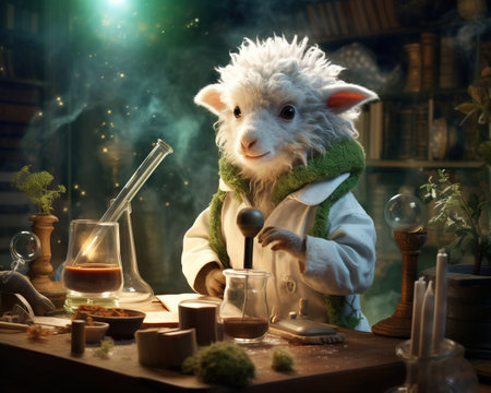 Sheep Scientist studying microscopic organismsの素材