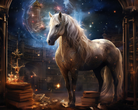 Horse in the library of London, United Kingdom. Fantasy illustration.の素材
