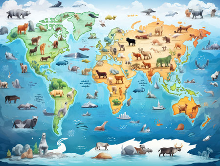 Children s map with the names of continents and oceans. Animals on the mainland. graphicsの素材
