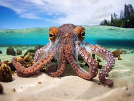 Coconut octopus underwater macro on sandの素材