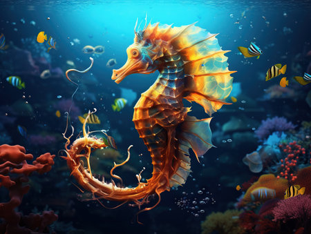 Seahorse Hippocampus swimming in aquarium tankの素材