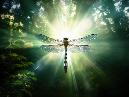 Dragonfly flying in a zen gardenの素材