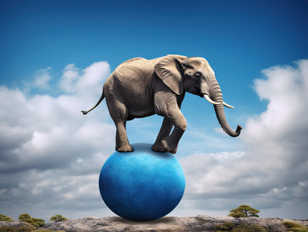 Elephant balancing on a blue ball.の素材