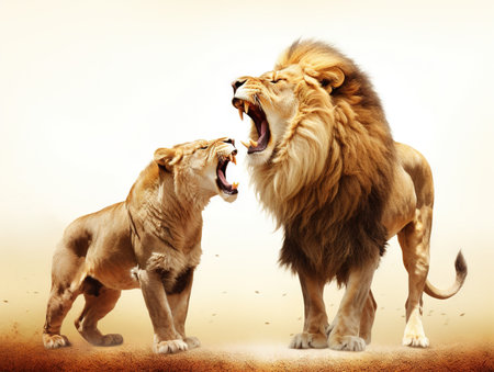 Lion with lioness roaring  next to each other  Panthera leoの素材