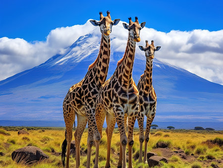 Three giraffe on Kilimanjaro mount backgroundの素材