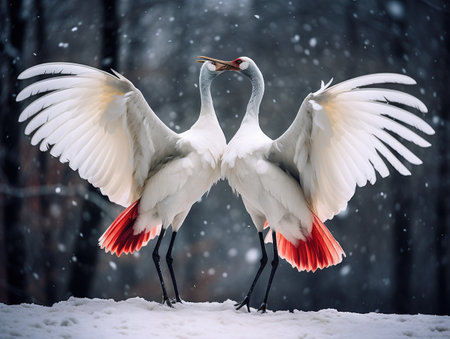 Dancing pair of Red-crowned crane with open wing in flight  with snow storm  Hokkaidoの素材