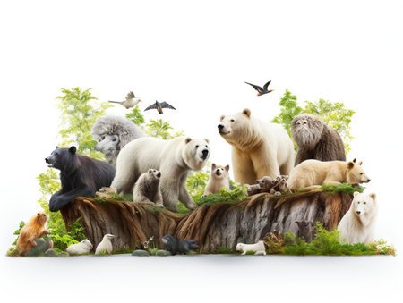 of wild animals around a blank wooden signの素材