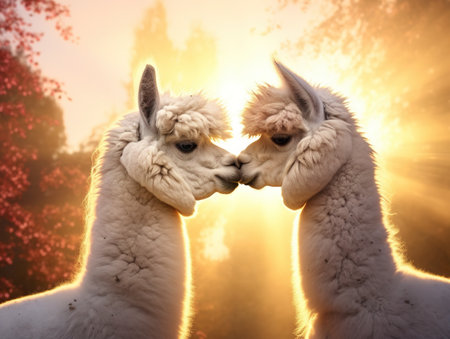 Alpaca llama. Two cute furry llamas are kissing.の素材