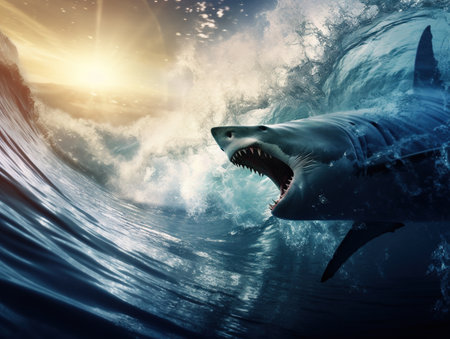 Breaking ocean in sunlight and angry sharksの素材