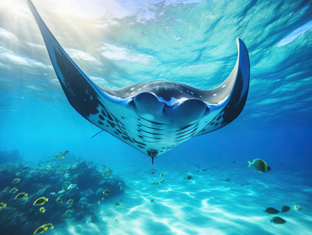 Manta ray seeming to fly underwaterの素材