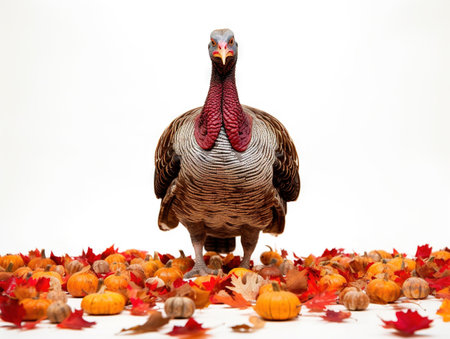 Wild turkey with autumn leaves and pumpkins isolated on white background.の素材