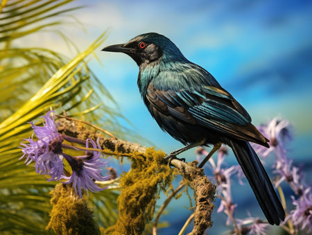 Tui bird sitting on a flax plantの素材