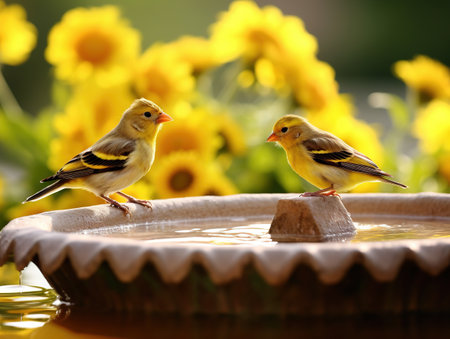 Goldfinch Drinking Water at a Bird Bathの素材