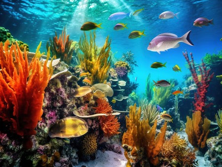 Shoal of fish over a coral reefの素材