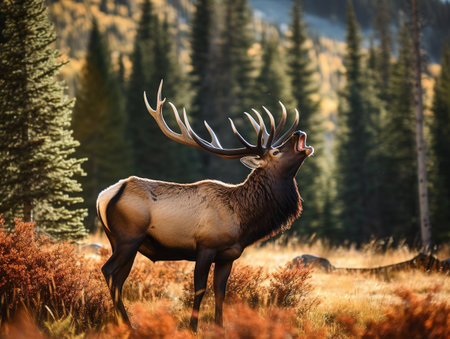 Bull elk calling in the woodsの素材