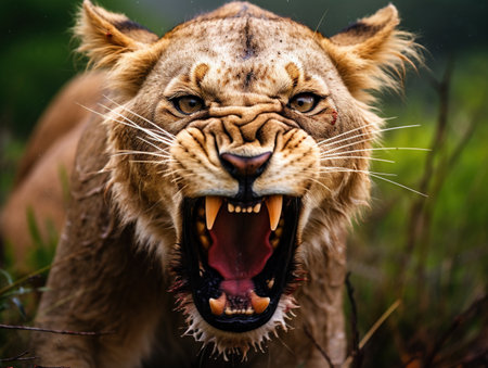 Lioness displaying dangerous teethの素材