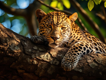 Sri Lankan leopard  Panthera pardus kotiya  Big spotted cat lying on the tree in the nature habitat  Yala national park  Sri Lankaの素材