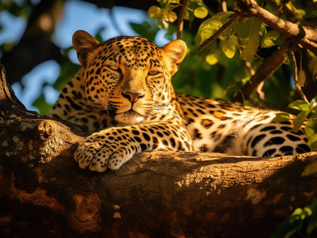 Sri Lankan leopard  Panthera pardus kotiya  Big spotted cat lying on the tree in the nature habitat  Yala national park  Sri Lankaの素材